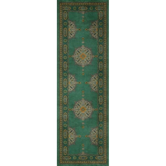 vinyl floorcloth teal mustard medallions