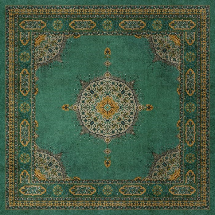 vinyl floorcloth teal mustard medallions