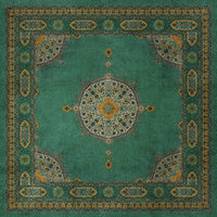 vinyl floorcloth teal mustard medallions