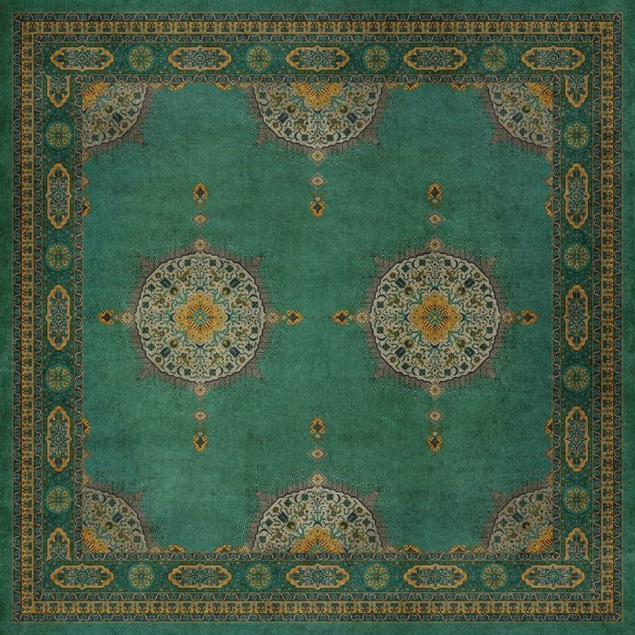 vinyl floorcloth teal mustard medallions
