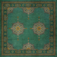 vinyl floorcloth teal mustard medallions