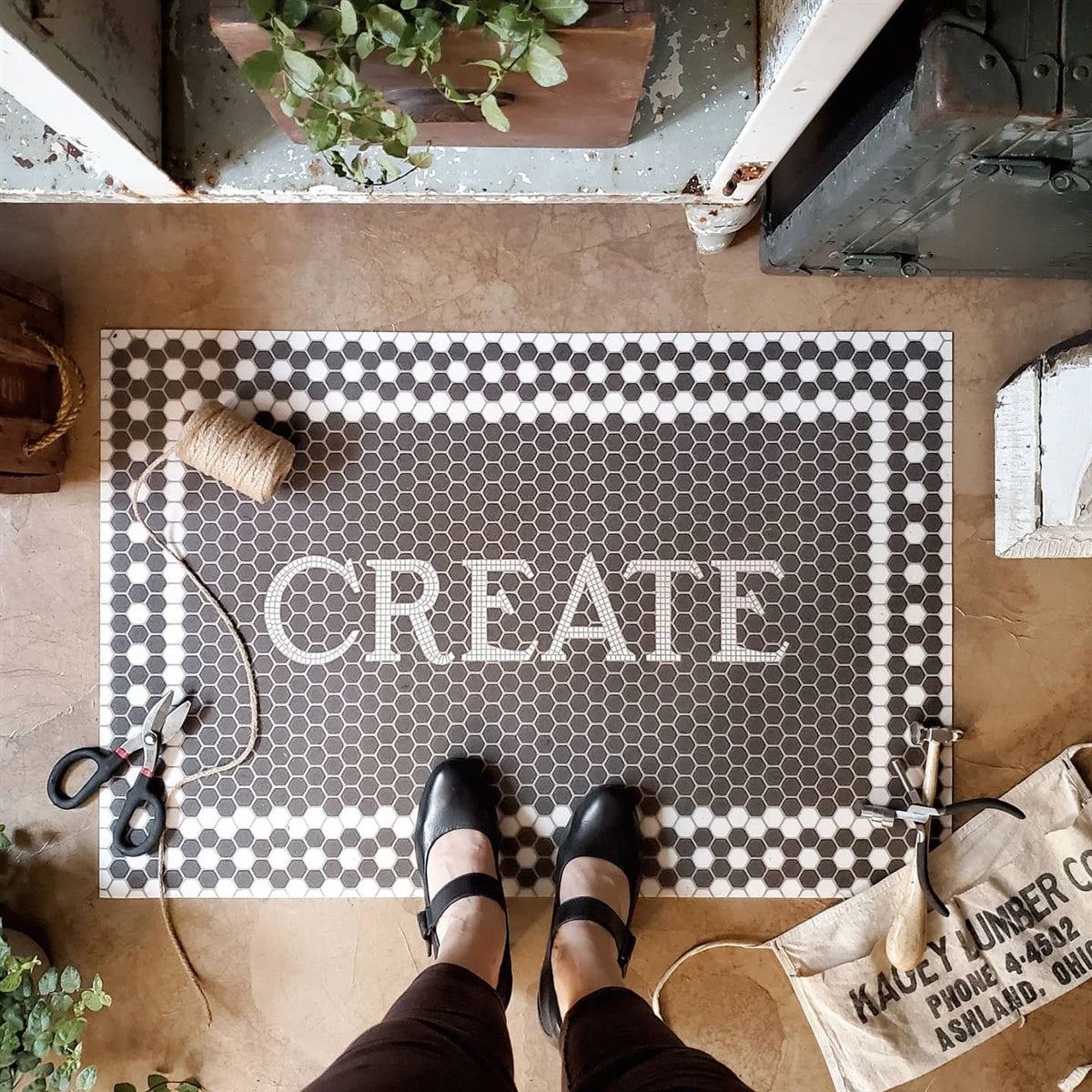rectangle mosaic black and white tile floor mat welcome  custom personalize