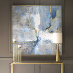 large square abstract painting canvas gold frame blue gray white