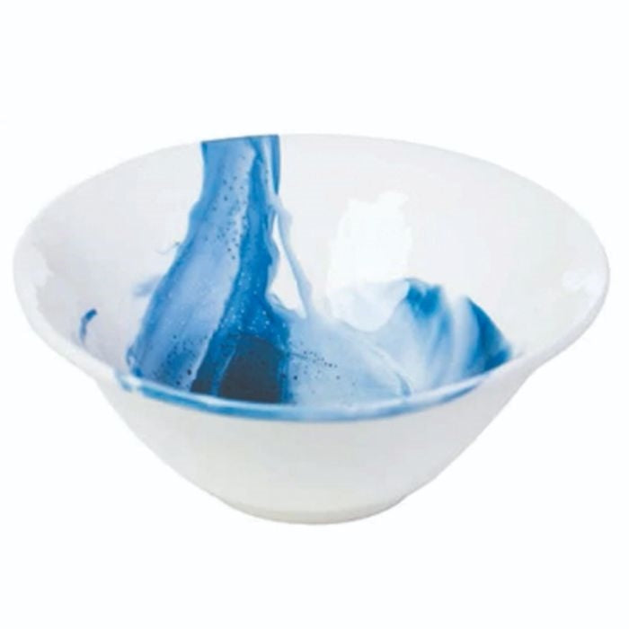hand painted white blue serving bowl splash design ceramic