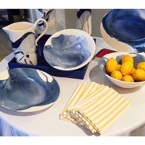 hand painted white blue serving bowl splash design ceramic