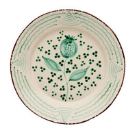 Abigails Casa Nuno Green Pomegranate Dinner Plates (set of 2) feature a hand-painted floral motif and wavy border.