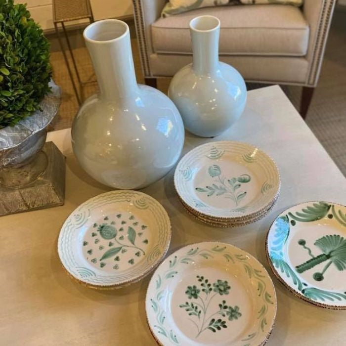 dinner plate set ceramic green off white brown trim pomegranate