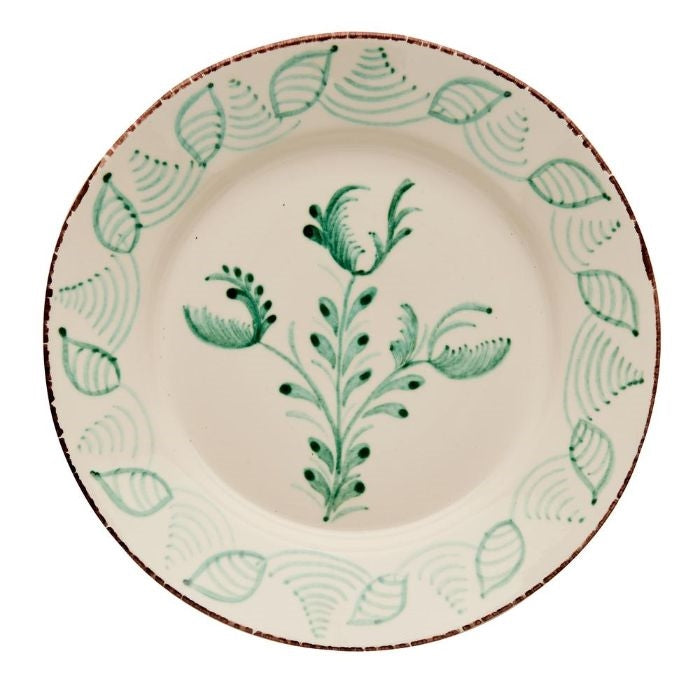 dinner plate set ceramic green off white floral brown trim