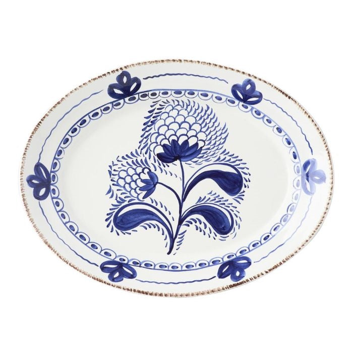 platter ceramic blue off white floral serveware