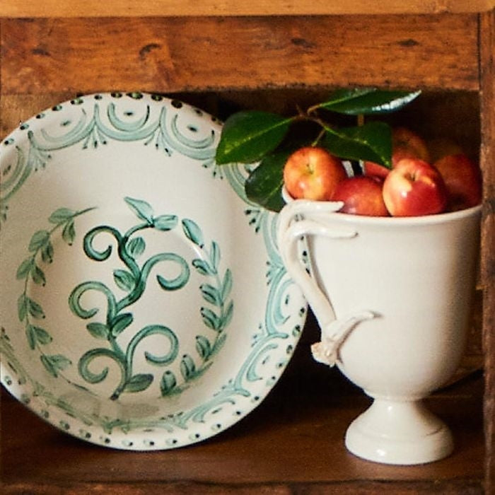large green white clay bowl