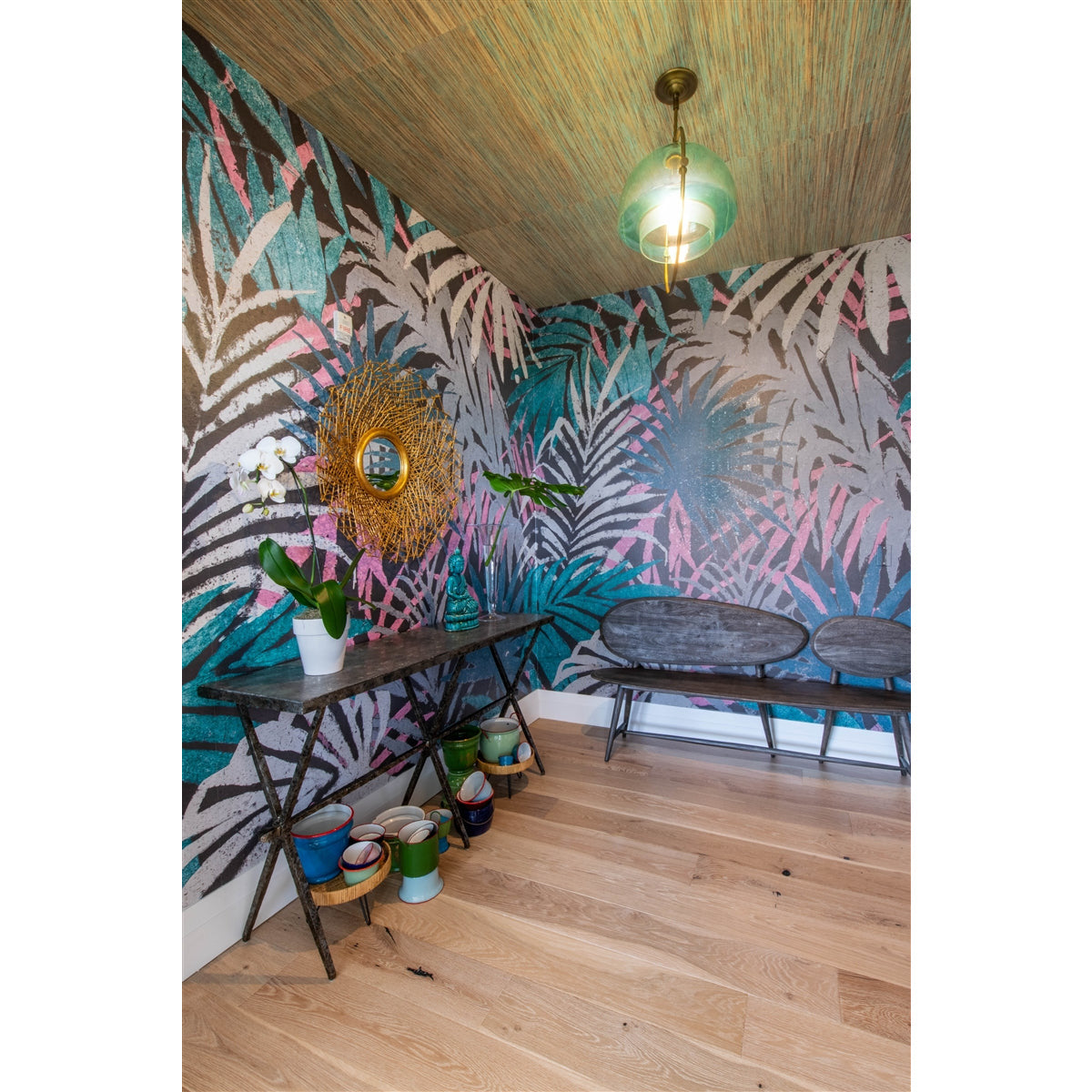 dark grey contemporary wood bench splayed legs two oval backs