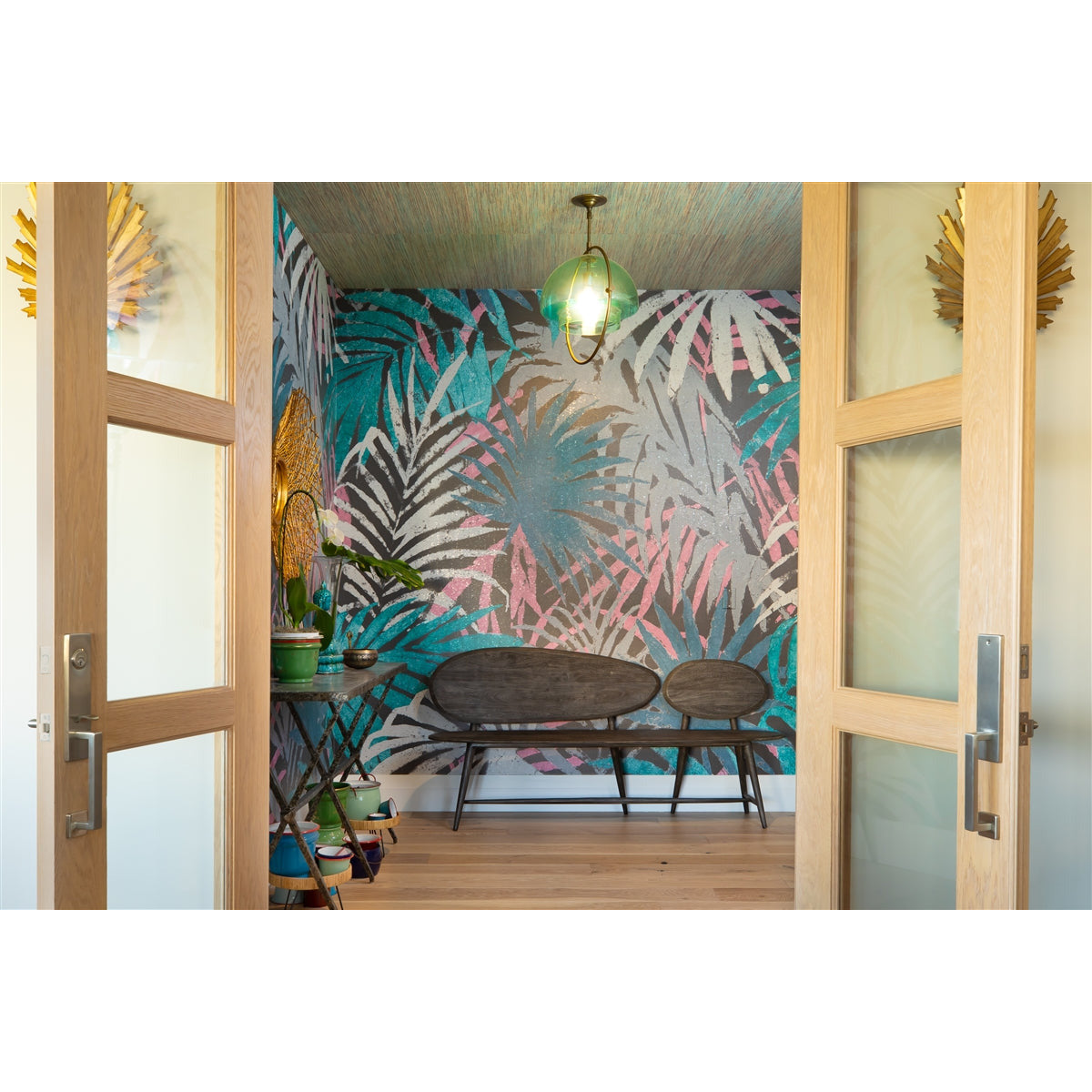 dark grey contemporary wood bench splayed legs two oval backs