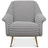 upholstered arm chair mid-century contemporary black white houndstooth gold metal legs