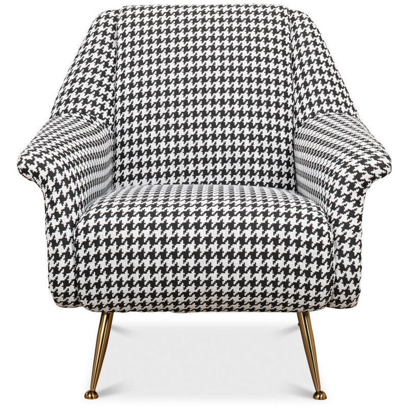upholstered arm chair mid-century contemporary black white houndstooth gold metal legs