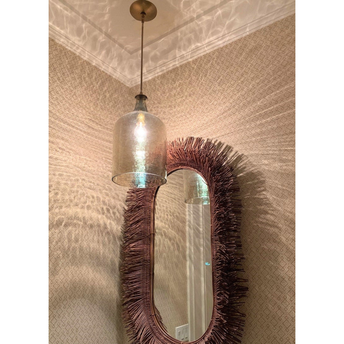 Modern Lighting Vintage Brass Pendant Light w Iridescent Glass Shade BSEID