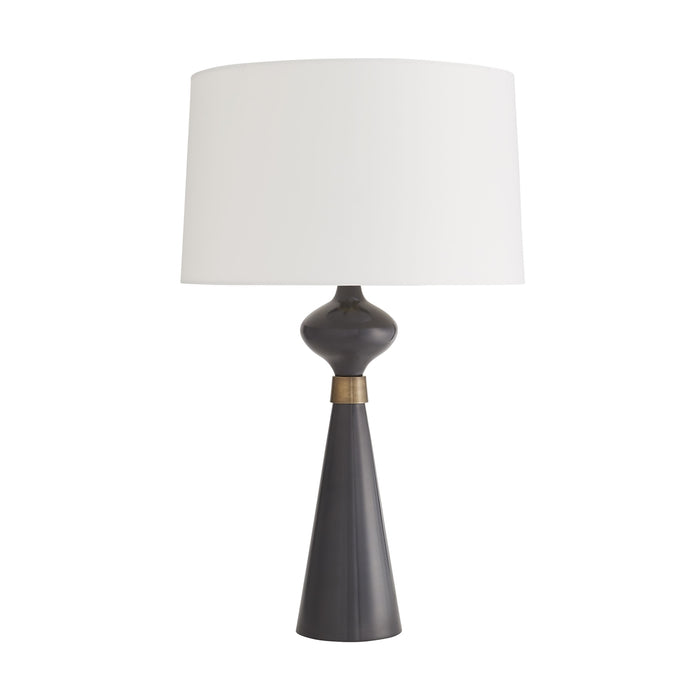 table lamp conical bronze aluminum antique gold band  off-white drum shade 3-way