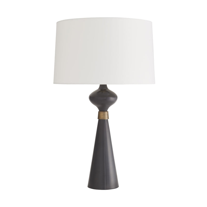 table lamp conical bronze aluminum antique gold band  off-white drum shade 3-way