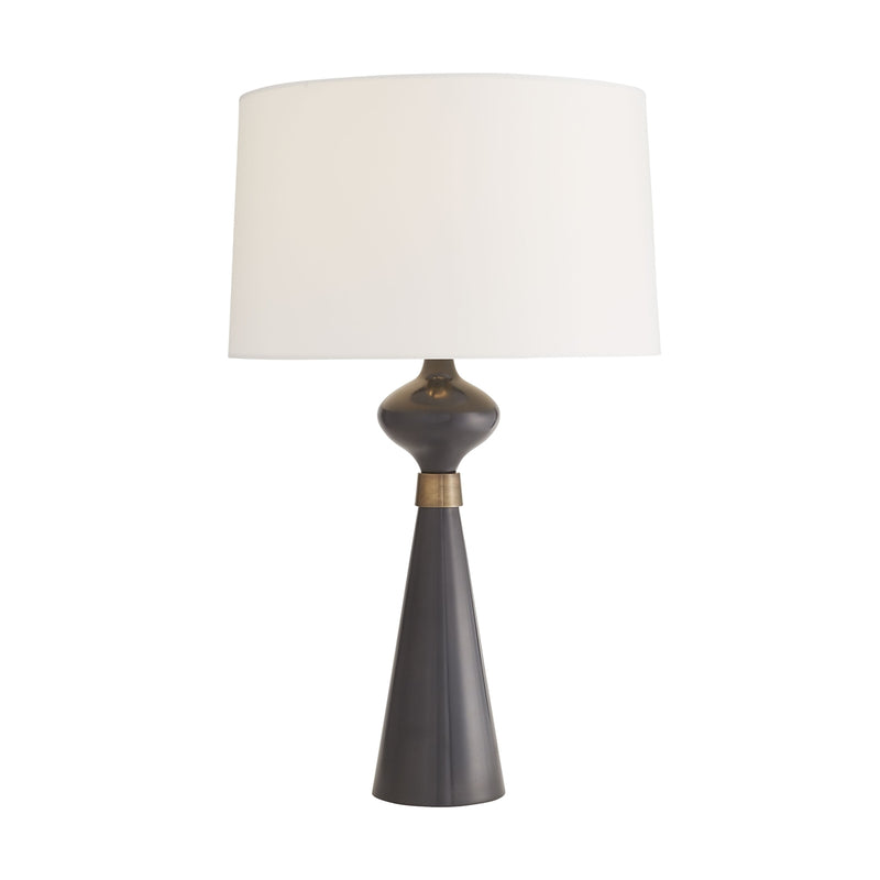 table lamp conical bronze aluminum antique gold band  off-white drum shade 3-way