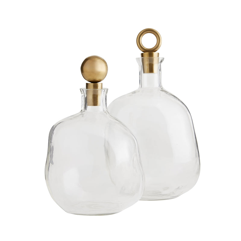 decanters set 2 free-form clear glass brass stoppers