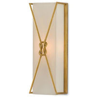 gold rectangular 1 light wall sconce with white shantung shade and gold infinity knot
