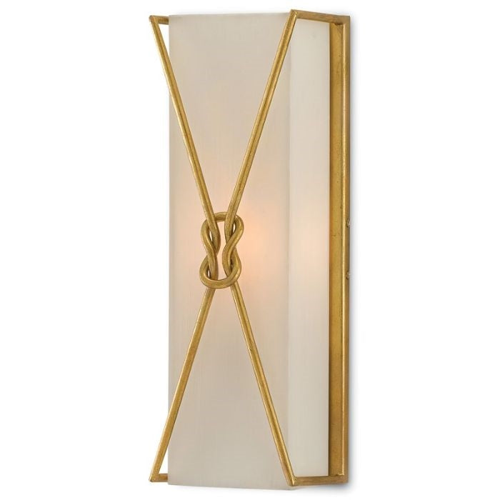 gold rectangular 1 light wall sconce with white shantung shade and gold infinity knot