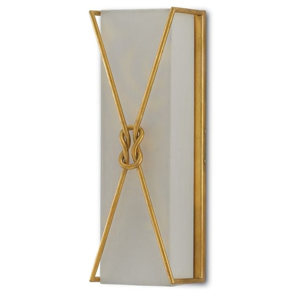 gold rectangular 1 light wall sconce with white shantung shade and gold infinity knot
