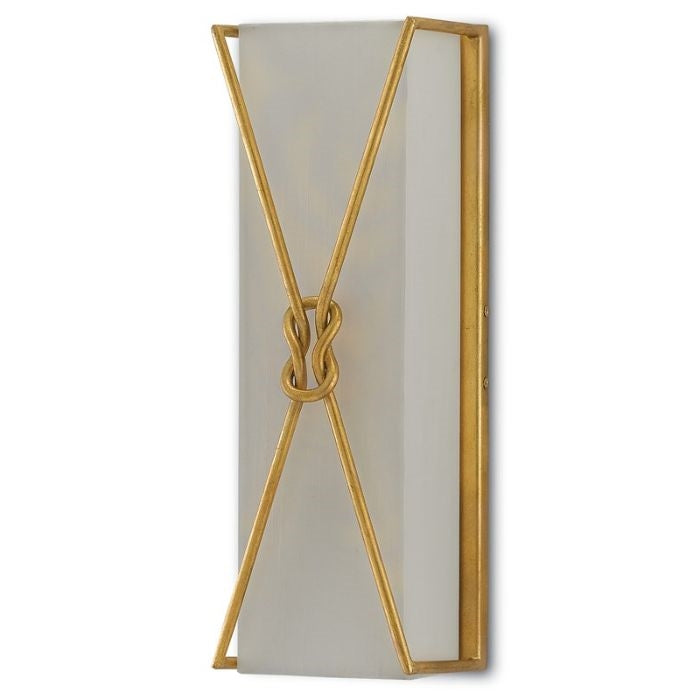 gold rectangular 1 light wall sconce with white shantung shade and gold infinity knot