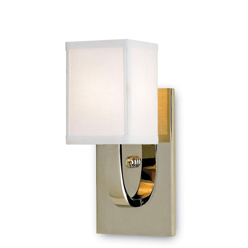 small nickel wall sconce white linen shade