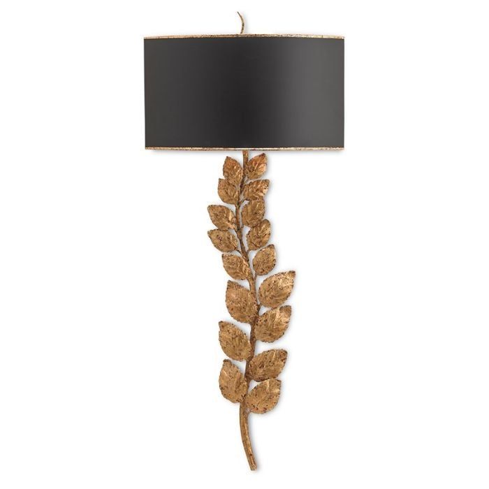 wall sconce aged gold leaf stem leaves black metal shade