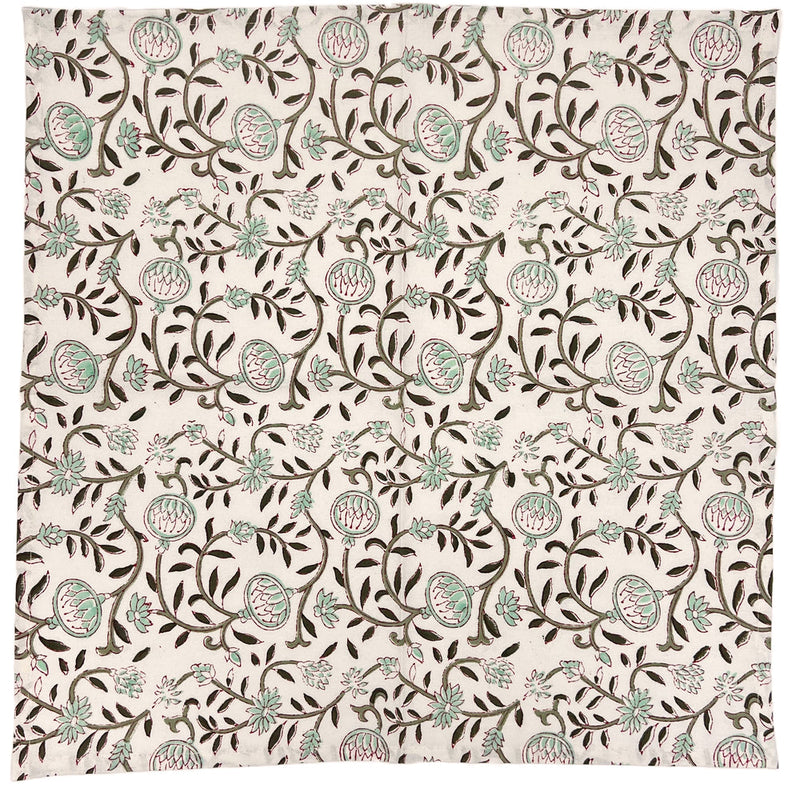A set of four cream-colored 100% cotton napkins from Abigails, featuring a repeating floral pattern with green and pink blooms intertwined with delicate vines, called the Pomegranate Cabana Napkins.