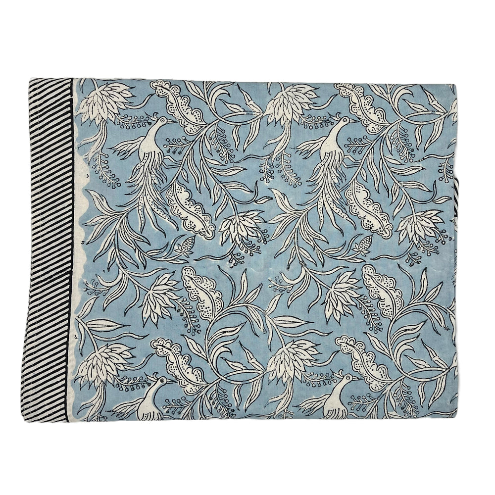 rectangle cotton block printed tablecloth birds feathers blue black white
