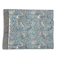 rectangle cotton block printed tablecloth birds feathers blue black white