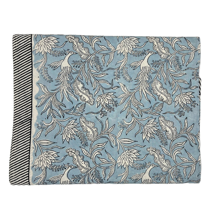 rectangle cotton block printed tablecloth birds feathers blue black white