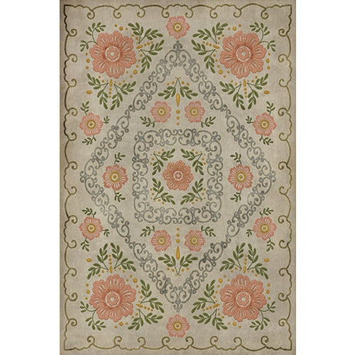 Spicher & Co. vinyl floorcloth chair mat floral vintage pink beige background green gray