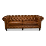 brown leather diamond tufting rolled arms Chesterfield sofa