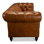 brown leather diamond tufting rolled arms Chesterfield sofa
