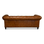 brown leather diamond tufting rolled arms Chesterfield sofa