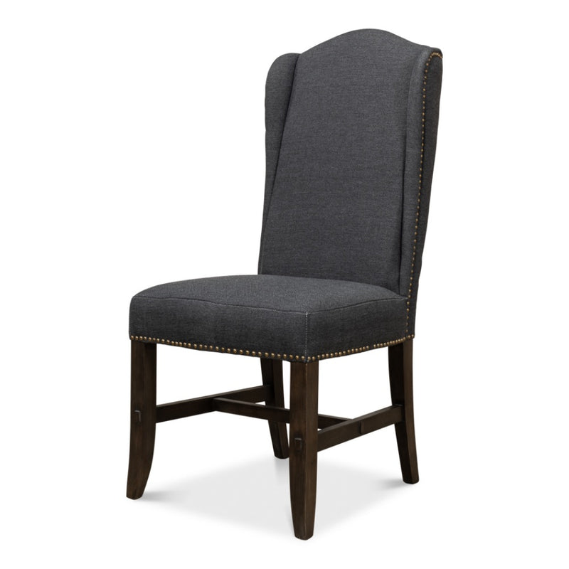 high wing back dining chair upholstered black fabric brass finished nailheads