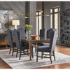 high wing back dining chair upholstered black fabric brass finished nailheads
