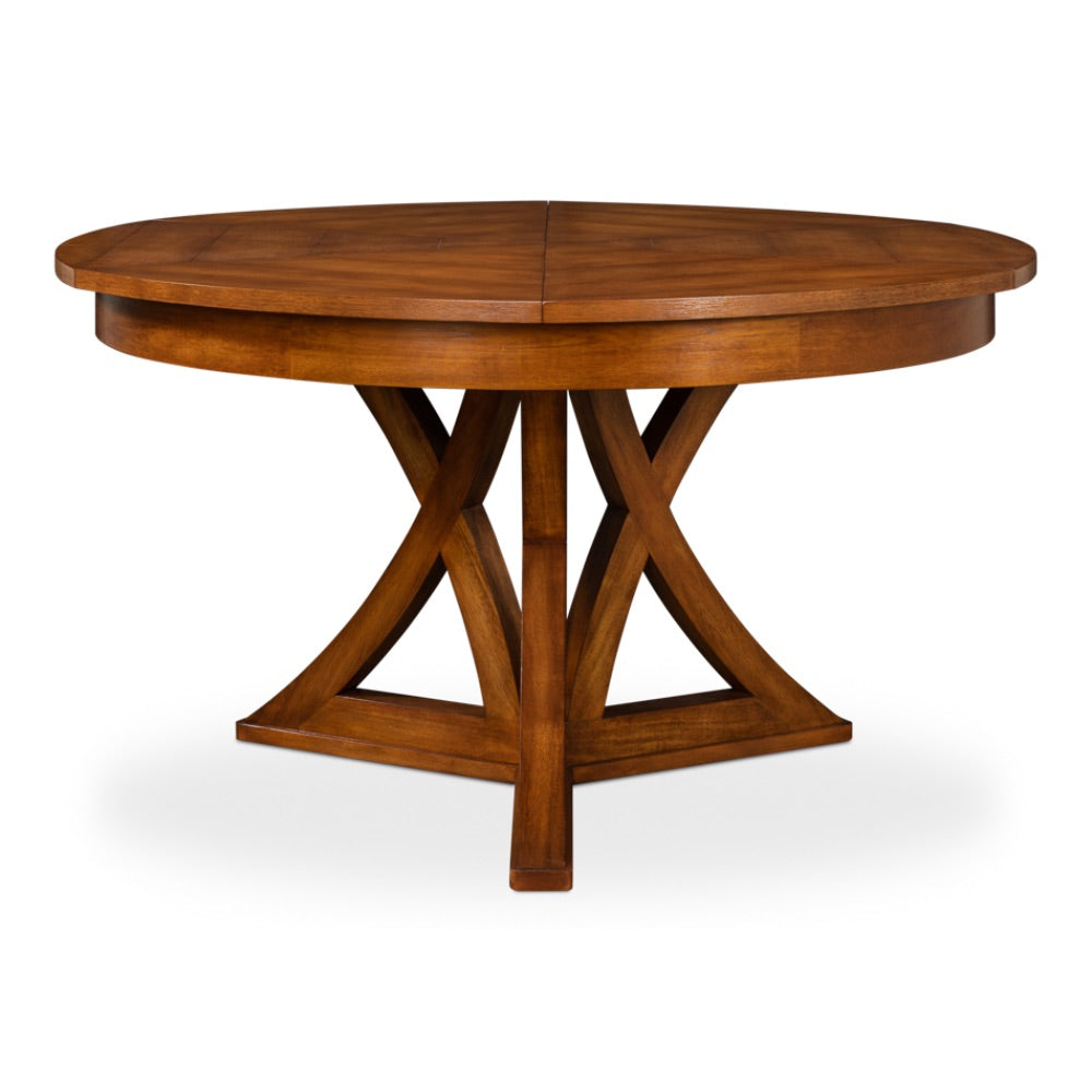 Sarreid, Ltd. round dining table expandable adjustable stored hidden leaves tobacco