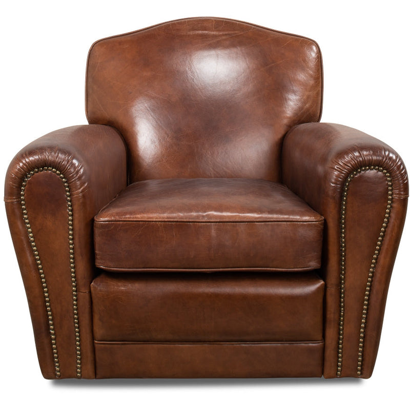 brown leather swivel club chair nail heads