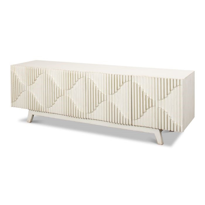 distressed antique white geometric facade wave pattern sideboard