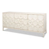 distressed antique white sideboard with lattice-facade