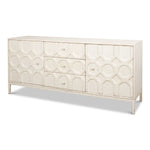 distressed antique white sideboard with lattice-facade