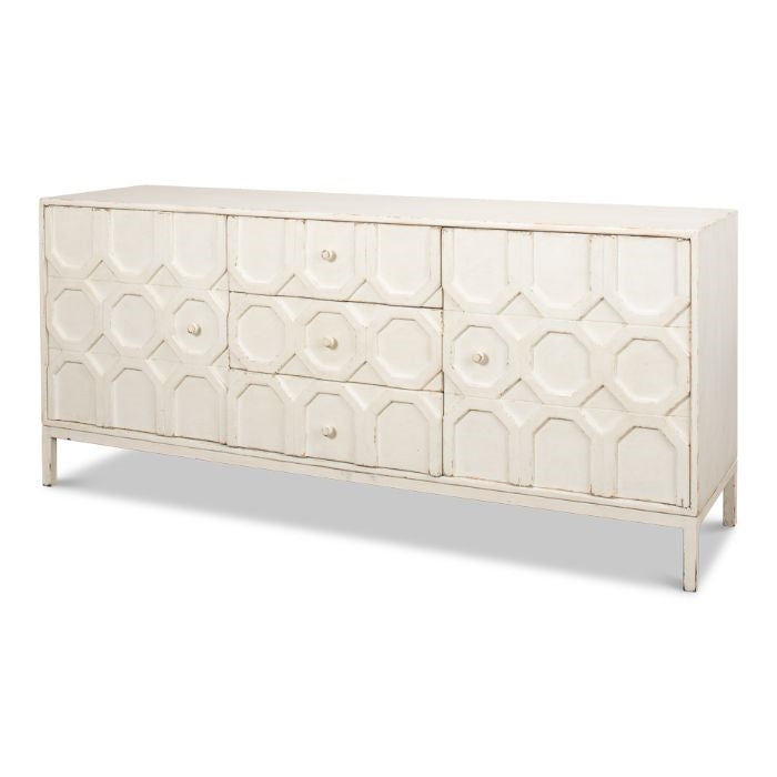 distressed antique white sideboard with lattice-facade