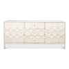 distressed antique white sideboard with lattice-facade