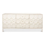 distressed antique white sideboard with lattice-facade
