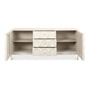 distressed antique white sideboard with lattice-facade