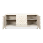 distressed antique white sideboard with lattice-facade