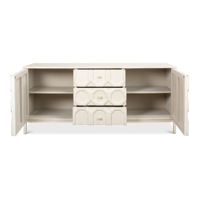 distressed antique white sideboard with lattice-facade